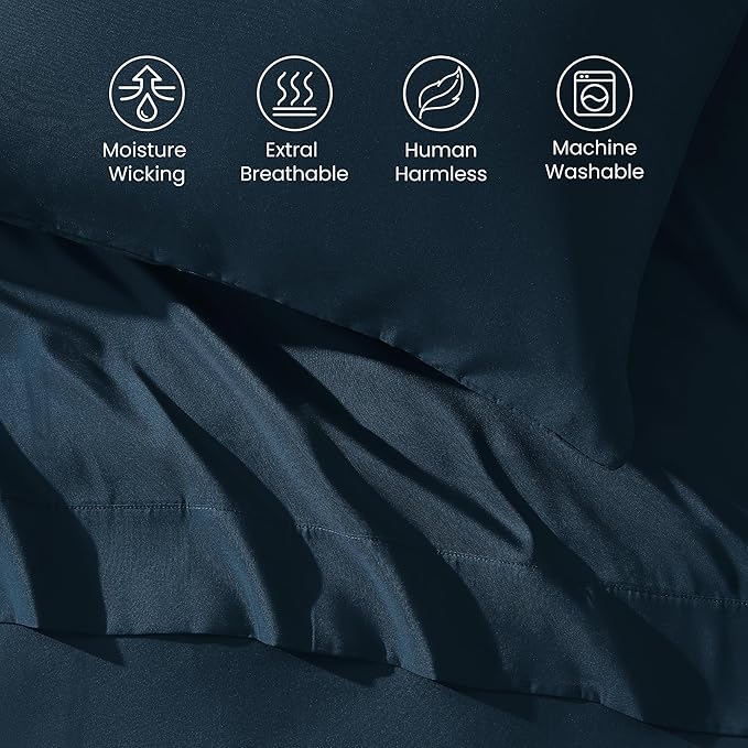 SLEEP ZONE Nanotex Super Soft Cooling Full Size Bed Sheets Set 4 Piece - Easy Care Fitted Flat Sheet & Pillowcase Sets - Wrinkle Free, Fade Resistant, Deep Pocket 16" (Navy Blue, Full)