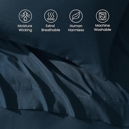 SLEEP ZONE Nanotex Super Soft Cooling Full Size Bed Sheets Set 4 Piece - Easy Care Fitted Flat Sheet & Pillowcase Sets - Wrinkle Free, Fade Resistant, Deep Pocket 16" (Navy Blue, Full)