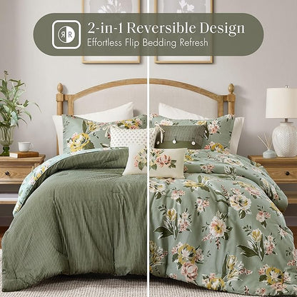 Madison Park Vintage Floral Reversible Comforters King Size Bed, All Season, Down Alternative Bedding Comforter, Bedskirt, Pillows, Shams, Salara, Cal King Green 7 Piece | Reversible