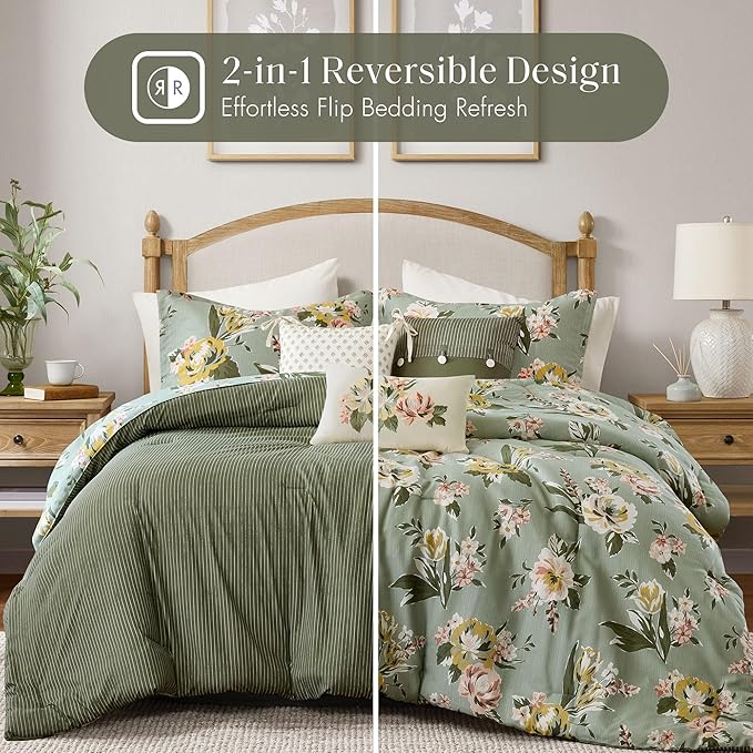 Madison Park Vintage Floral Reversible Comforters King Size Bed, All Season, Down Alternative Bedding Comforter, Bedskirt, Pillows, Shams, Salara, King Green 7 Piece | Reversible