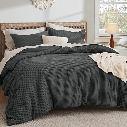 Bedsure Waffle Comforter Set Queen, Charcoal Soft Bedding, Waffle Weave Bed Set, 3 Pieces, 1 Comforter (90"x90") and 2 Pillow Shams, Cotton Shell and Polyester Lining for All Seasons