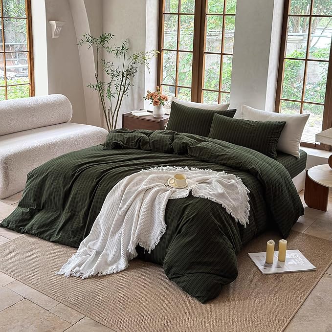 Striped Duvet Cover Set 100% Washed Cotton Linen Like Soft Feelling Breathable Bedding(Olive Green/Black Strip,Twin)