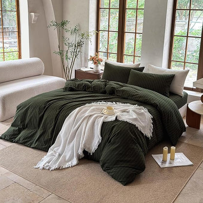 Striped Duvet Cover Set 100% Washed Cotton Linen Like Soft Feelling Breathable Bedding(Olive Green/Black Strip,Twin)