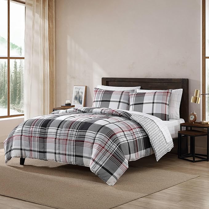 Eddie Bauer- King Comforter Set, Reversible Microsuede Bedding with Matching Sham(s), Casual Home Decor (Normandy Plaid Black, King)