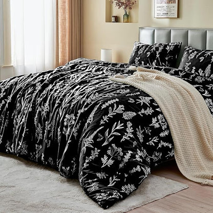 MUXHOMO Duvet Cover Queen Size, Reversible Floral Black Duvet Cover Set with Zipper Closure, 3 Pieces Botanical Patterns Soft Microfiber Bedding Set with 4 Ties (90"x90", 2 Pillow Cases)