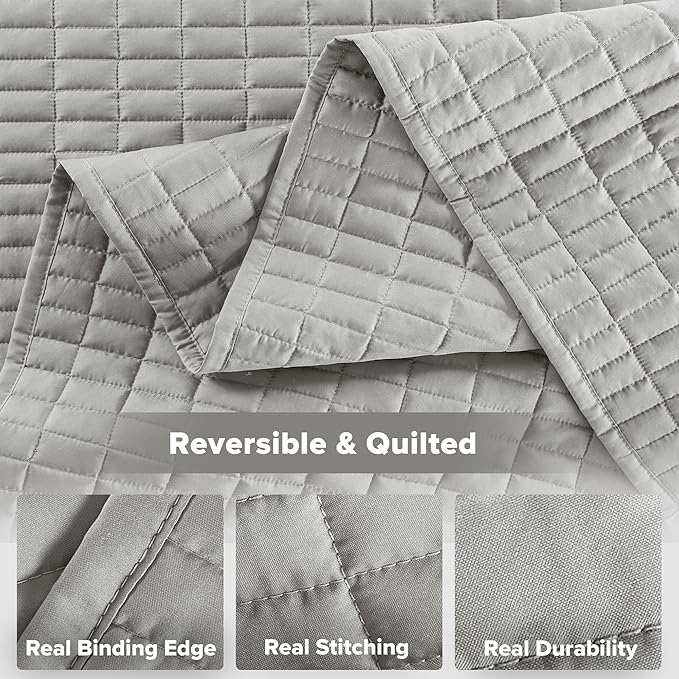 Comfort Spaces Grey Oversized Queen Quilt Set 102"x118" Bedspread Quilted Summer Lightweight Microfiber Bedding Coverlet with Double Sided Stitching Soft All Season Cozy 3 Piece with Matching Shams