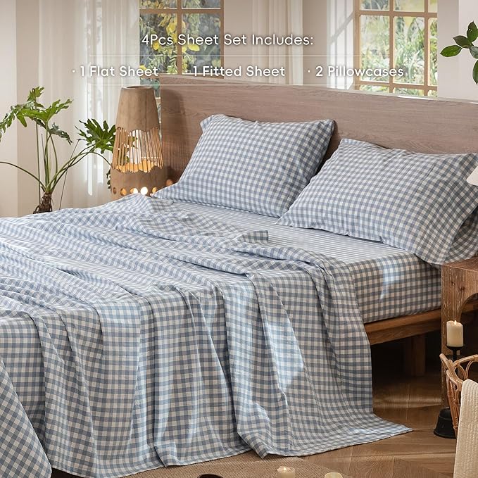 MooMee Gingham Sheet Set 100% Washed Cotton Linen Like Textured Breathable Soft w/Fully Elasticized 16-19" Deep Pocket (Classic Gingham Cornflower Blue, Queen)