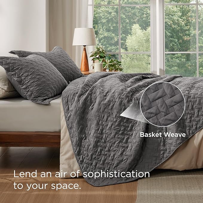 Bedsure Oversized King Quilts - Lightweight Bedspreads Oversized King Size with Basket Weave Pattern, Soft Quilt Bedding Set, Grey Comforter Set Coverlet 2 Pillow Shams (120" x 120") | Skin-Friendly Soft, All-Season Comfort, Breathable, Lightweight, Ma...