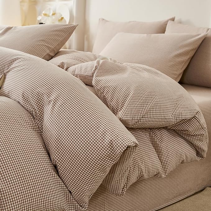 EAVD Tan Plaid Gingham Duvet Cover Twin Soft 100% Washed Cotton Reversible Tan and White Plaid Duvet Cover with 2 Pillowcases Farmhouse Ginggham Bedding Set with Zipper Closure