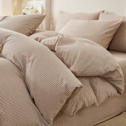 EAVD Tan Plaid Gingham Duvet Cover Queen Soft 100% Washed Cotton Reversible Tan and White Plaid Duvet Cover with 2 Pillowcases Farmhouse Ginggham Bedding Set with Zipper Closure