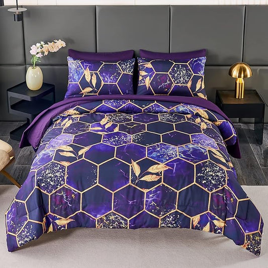 ANGIYUIN 7Pcs Mable Bed in A Bag Purple Gold Queen Comforter Set, 3D Geometric Honeycomb Theme Decor Yellow Leaf Bedding Set, Modern Foil Print Bed Sets with Comforter and Sheets (Purple Queen)