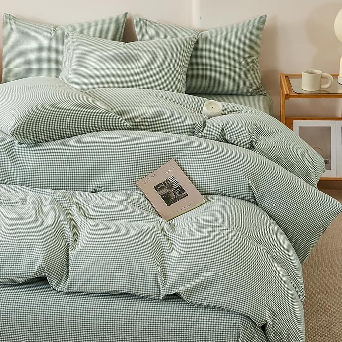 EAVD Sage Green Gingham Duvet Cover King Soft 100% Washed Cotton Modern Green and White Plaid Duvet Cover with 2 Pillowcases Reversible Checkered Plaid Bedding Set with Zipper Closure