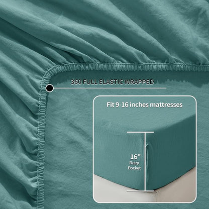 LBRO2M 100% Pure Linen Sheet Set Deep Pocket Up to 16" Bed Sheets Sets, Natural Flax Beddings Soft, Breathable, Comfortable for All Seasons Twin XL Size, Aqua