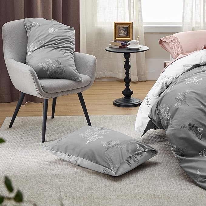 Bedsure Duvet Cover Twin Dorm Bedding - Reversible Floral Duvet Cover Set with Zipper Closure, 2 Pieces Grey Bedding Set with 8 Corner Ties and 1 Pillowcase 20"x26"