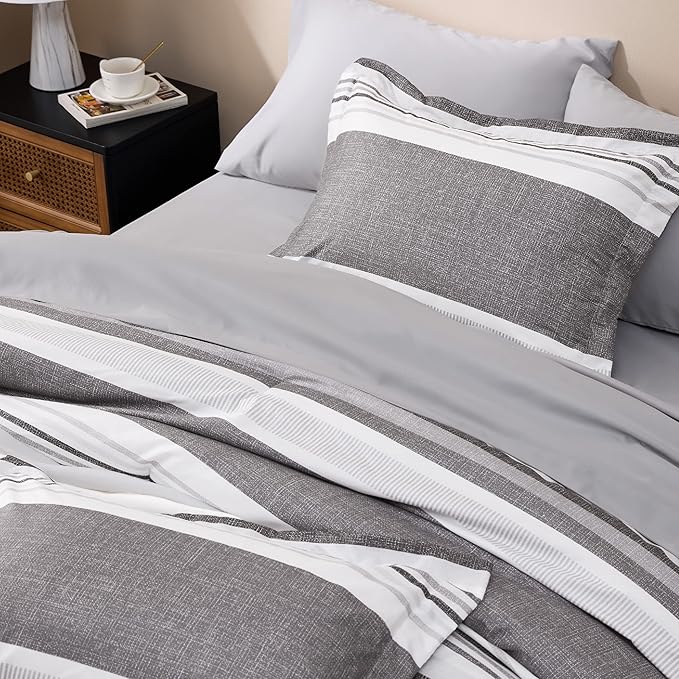 Bedsure Full Comforter Set 7 Pieces, Frost Grey Striped Bedding Set for All Seasons, Reversible, Cationic Dyeing Bed in a Bag with Comforter, Sheets, Pillowcases & Shams