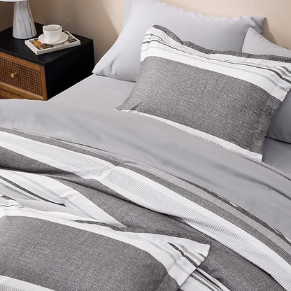 Bedsure Full Comforter Set 7 Pieces, Frost Grey Striped Bedding Set for All Seasons, Reversible, Cationic Dyeing Bed in a Bag with Comforter, Sheets, Pillowcases & Shams