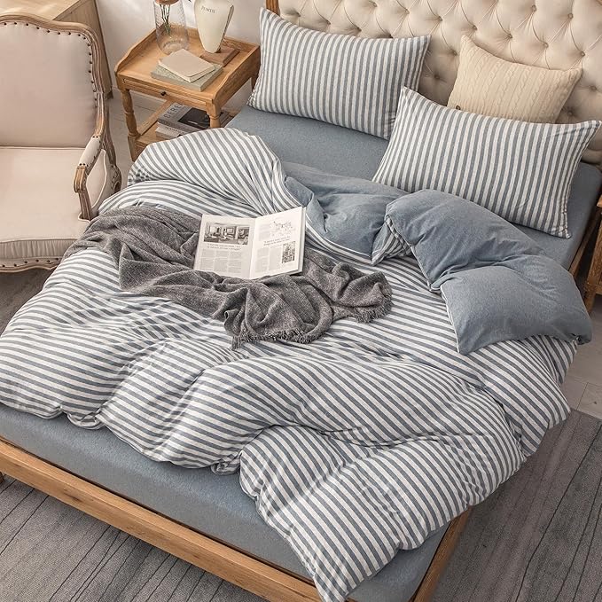PURE ERA Jersey Knit Duvet Cover Set 100% T-Shirt Heather Cotton Super Soft Comfy Classic Striped Design, with Zipper Closure, Heather Blueish Grey Stripe, Queen