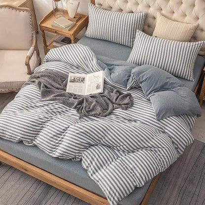 PURE ERA Jersey Knit Duvet Cover Set 100% T-Shirt Heather Cotton Super Soft Comfy Classic Striped Design, with Zipper Closure, Heather Blueish Grey Stripe, Full