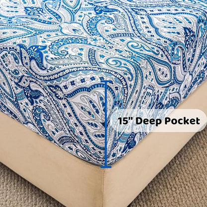 Softan Blue Paisley Printed Bed Sheets Full Size, Floral Sheet Set Full, Brushed Microfiber Patterned Fitted Sheet with 15" Deep Pocket & Non-Slip Straps, Blue Flower Sheets & Pillowcase Set