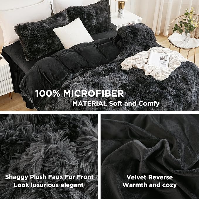 Andency Faux Fur Tie-Dyed Black Grey Comforter Set Full Size, 3 Pieces Fluffy Fuzzy Plush Bedding Comforter Set (1 Shaggy Velvet Comforter & 2 Pillowcases), Soft Puffy Down Comforter Bedding Set