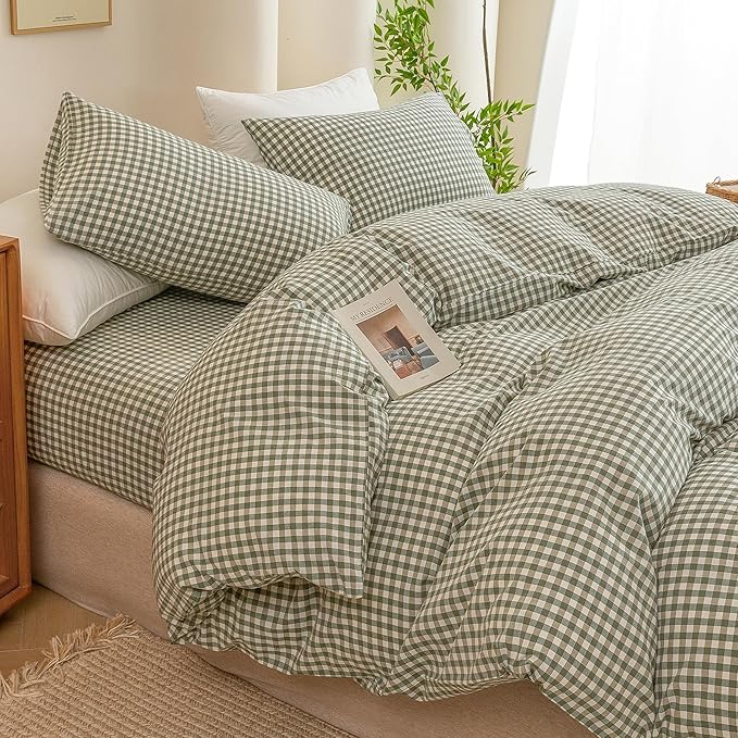 ECOCOTT Green Gingham Duvet Cover Queen Size 100% Washed Cotton Like Linen Feel Super Soft & Comfy Bedding Set Modern Checkered Design for All Seasons