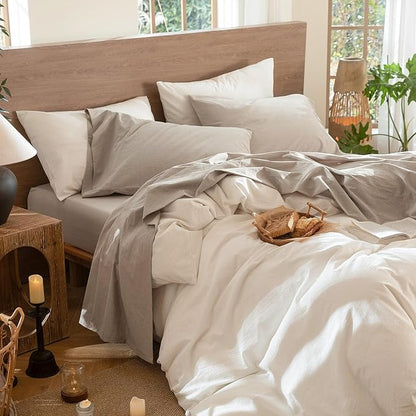 MooMee Bedding Sheet Set 100% Washed Cotton Linen Like Textured Breathable Durable Soft Comfy (Heathered Tannish Linen Grey, Twin XL)