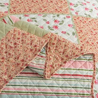 HoneiLife Queen Size Quilt Sets - Microfiber Quilt Set 3-Piece,Lightweight Bedspreads Reversible Coverlets Retro Bed Cover Floral Bedding Set, Queen Quilt Bedding Sets for All Season Use