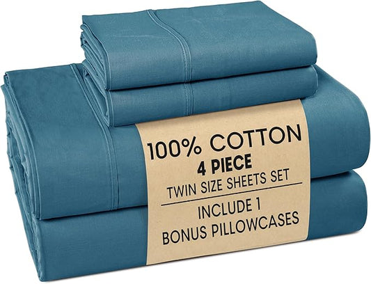 Casa Platino Sheet Set Twin Size – 100% Cotton Bed Sheets Twin with 2 Pillowcases, Ultra Soft & Cozy, Lightweight & Breathable, With 15" Deep Pocket Fitted Sheet, Perfect Everyday Sheets – Blue Heaven