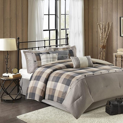 Madison Park Ridge Comforter Set - Cabin Lodge Plaid Herringbone Design, All Season Down Alternative Cozy Bedding with Matching Bedskirt, Shams, Decorative Pillow, Cal King(104"x92"), Neutral 7 Piece