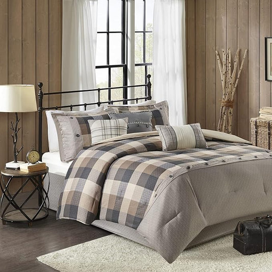 Madison Park Ridge Comforter Set - Cabin Lodge Plaid Herringbone Design, All Season Down Alternative Cozy Bedding with Matching Bedskirt, Shams, Decorative Pillow, Cal King(104"x92"), Neutral 7 Piece