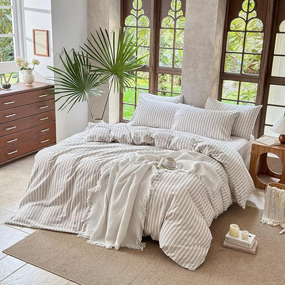 Striped Duvet Cover Set 100% Washed Cotton Linen Like Soft Feelling Breathable Bedding(Light Yellow/White Strip,King)