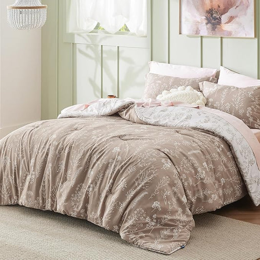 Bedsure California King Comforter Set - Light Taupe Bed Set, 3 Pieces Cute Floral Bedding, 1 Soft Reversible Botanical Flowers Comforter and 2 Pillow Shams