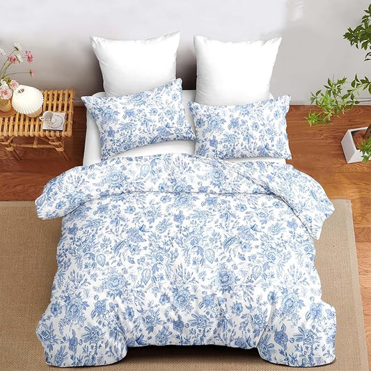 Nayoroom Blue Floral Comforter Set Queen Size Blue and White Botanical Flower Pattern Spring Bedding Set 3 Pieces Soft Lightweight Aesthetic Garden Comforter for All Seasons