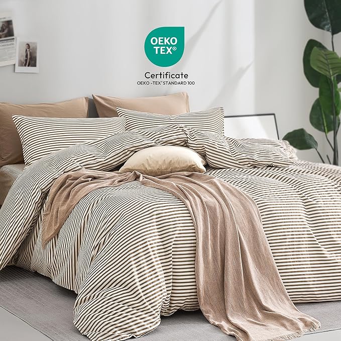 JELLYMONI 100% Natural Cotton 3pcs Striped Duvet Cover Sets,White Duvet Cover with Khaki Stripes Pattern Printed Comforter Cover,with Zipper Closure & Corner Ties(Queen Size)