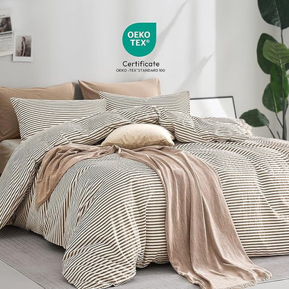 JELLYMONI 100% Natural Cotton 3pcs Striped Duvet Cover Sets,White Duvet Cover with Khaki Stripes Pattern Printed Comforter Cover,with Zipper Closure & Corner Ties(Full Size)