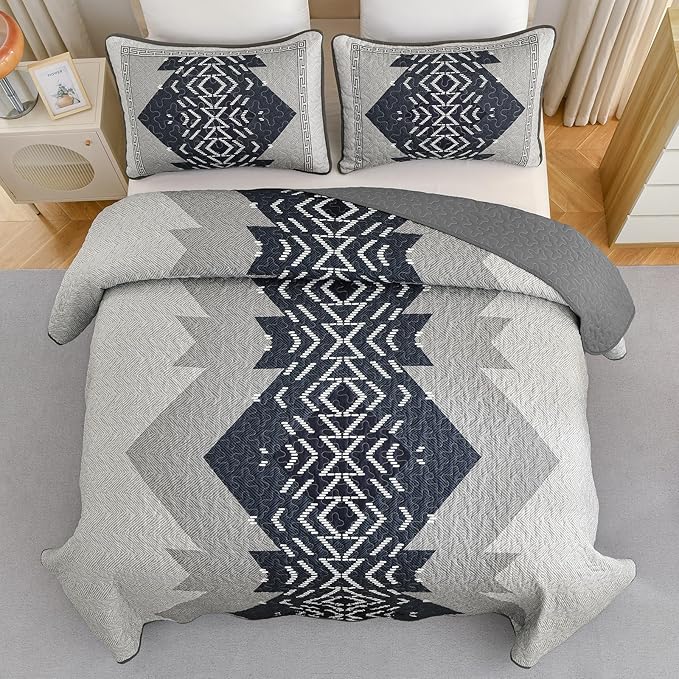 Dintszyayue King Quilt Set Boho,3 Piece Navy Bedding Coverlet Set Aztec Texture Bedspread Soft Lightweight Quilted Coverlet Set Reversiber Microfiber Bed Cover for Season(Navy,90"x103")