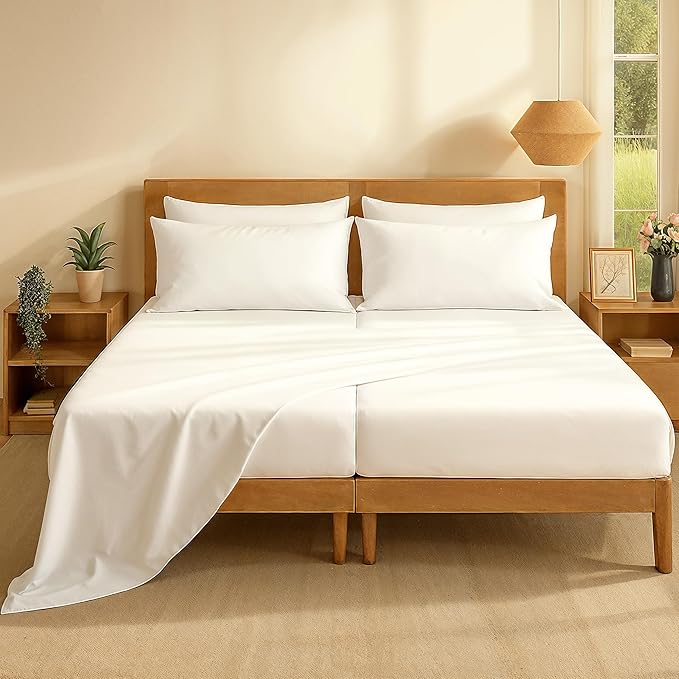 Casa Platino Split King Sheets Set –100% Cotton Split King Sheets with 4 Pillowcases, Lightweight Feel & Secure Fit, Crisp & Breathable Percale Weave with 15" Deep Pocket, Soft and Cozy – Pure White