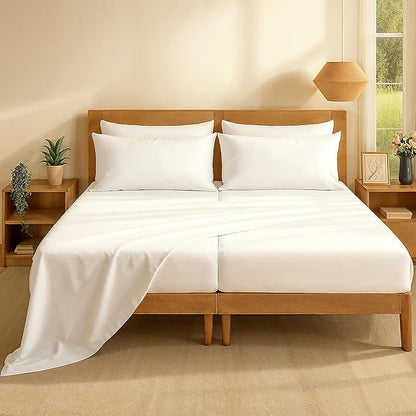 Casa Platino Split King Sheets Set –100% Cotton Split King Sheets with 4 Pillowcases, Lightweight Feel & Secure Fit, Crisp & Breathable Percale Weave with 15" Deep Pocket, Soft and Cozy – Pure White