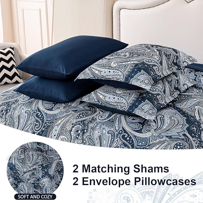 DJY Navy Paisley Comforter Set Queen Size 7 Piece Bed in a Bag Boho Paisley Pattern Comforter Set Soft Lightweight Microfiber Blue Reversible Bedding Set for All Season (90''x90'')