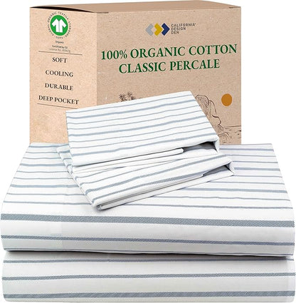 California Design Den Stripe Sheets Queen Size Set - 100% Organic Cotton, Soft and Crisp Percale, Durable Deep Pocket Queen Sheets & Pillowcase Set - Blue Stripe