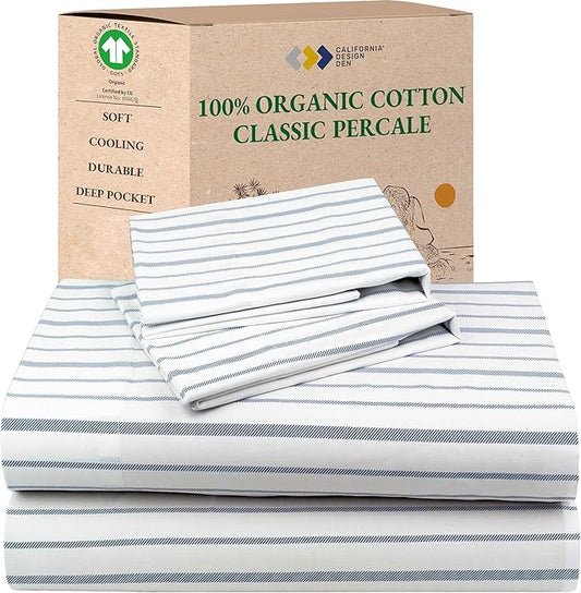 California Design Den California King Sheet Stripe, 100% Organic Cotton Percale Sheets, Deep Pocket Cal King Size Sheets & Pillowcase Set - Blue Stripe
