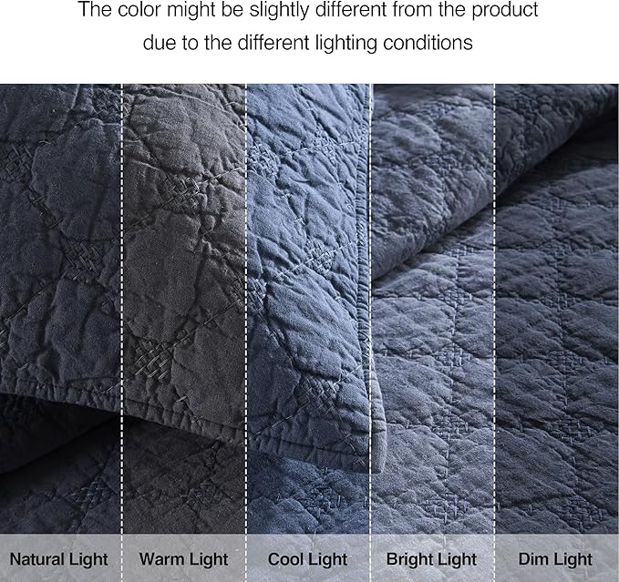 HORIMOTE HOME 55% Linen Front/100% Cotton Back Quilt Set King Size, Steel Blue Pre-Washed Cotton Linen Quilt Set, Geometric Stitched Pattern Bedspread Coverlet Bedding Set 3-Piece for All Seasons