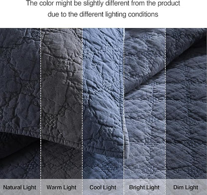 HORIMOTE HOME 55% Linen Front/100% Cotton Back Quilt Set Twin Size, Steel Blue Pre-Washed Cotton Linen Quilt Set, Geometric Stitched Pattern Bedspread Coverlet Bedding Set 2-Piece for All Seasons