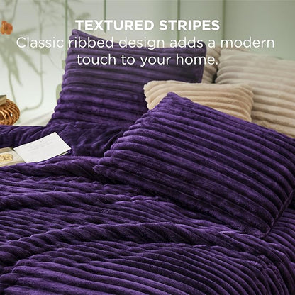 Bedsure Full Size Comforter Sets - GentleSoft™ 3 Pieces Double-Side Fleece Fluffy Purple Comforter Set, Cozy Striped Room Decor Aesthetic, Luxury Full Size Bedding, 2 Pillowcases, 82x86 Inches