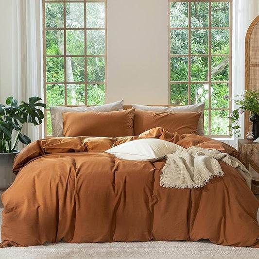MooMee Bedding Duvet Cover Set 100% Washed Cotton Linen Like Textured Breathable Durable Soft Comfy (Solid Dark Orange, Oversized King Plus 128"x120")