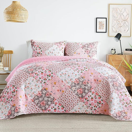Whale Flotilla Patchwork Quilt Twin Size, Extra Soft Boho Floral Bedspreads for Bed Reversible Lightweight Twin Quilt Bedding Set Printed Coverlets with 1 Pillow Sham for All Seasons, Pink