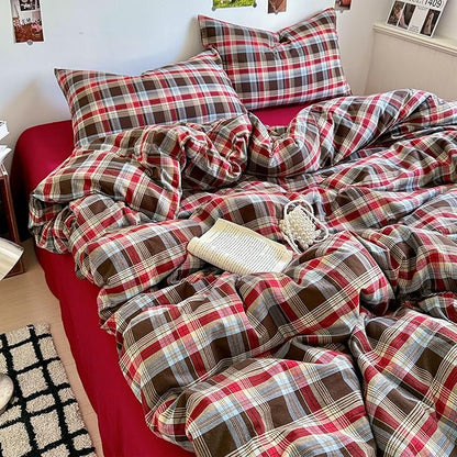 EAVD Vintage Red Brown Buffalo Plaid Duvet Cover Twin XL 100% Wasehd Cotton Plaid Bedding Set with Grid Checkered Pattern Farmhouse Gingham Duvet Cover with Zipper Closure 2 Pillowcases for All-Season
