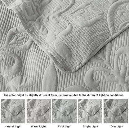 Light Grey Damask Quilt King Size Bedding Sets with 2 Pillow Shams, Boho Bedspread Lightweight Soft Farmhouse Vintage Bohemian Coverlet Retro Jacquard Pattern Bed Cover for All Season, 3 Pieces