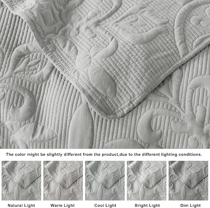 Light Grey Damask Quilt Queen Size Bedding Sets with 2 Pillow Shams, Boho Bedspread Lightweight Soft Farmhouse Vintage Bohemian Coverlet Retro Jacquard Pattern Bed Cover for All Season, 3 Pieces