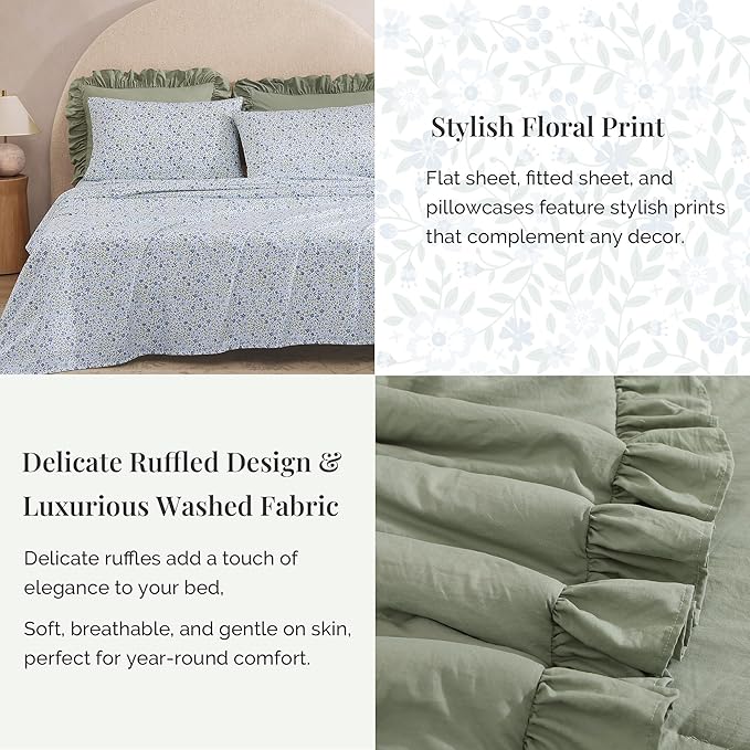 Twin XL Comforter Set - 5 Pieces Ruffle Sage Green Bedding Sets, Shabby Chic Farmhouse Bed in a Bag Twin XL with Ruffle Comforter, Floral Sheets, Pillowcases & Shams